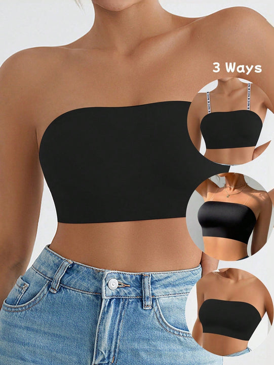 NEW Sujetador inalambrico sin tirantes para mujer con tiras transparentes extraibles y correas con letras, 3 formas de uso. Sujetador elastico sin costuras ni deslizamiento.