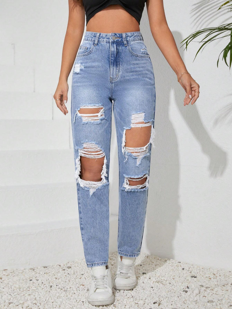 Tall Jeans con botones de unicolor para mujer con agujeros y bolsillos desgastados