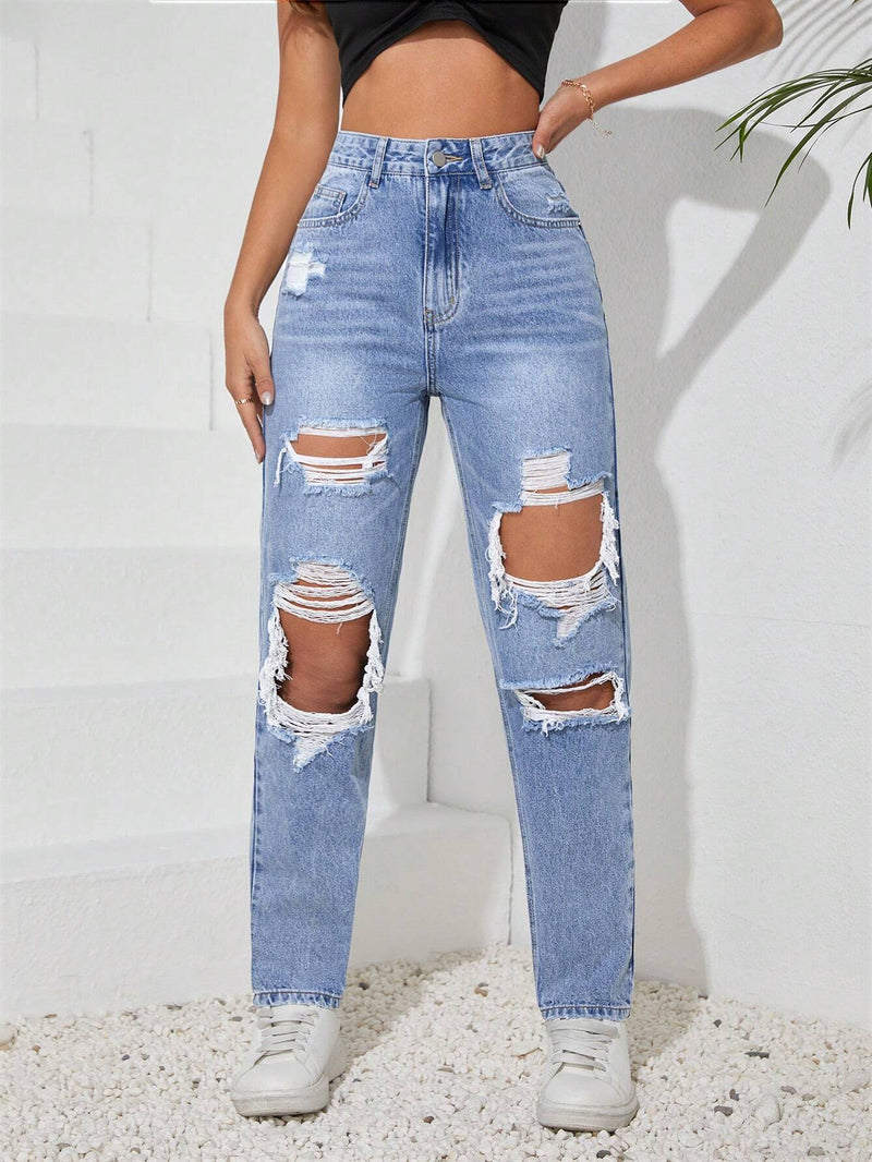 Tall Jeans con botones de unicolor para mujer con agujeros y bolsillos desgastados