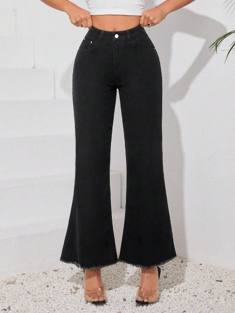 Tall Pantalones Jeans acampanados informales de mujer con bolsillos de parche y dobladillo sin rematar