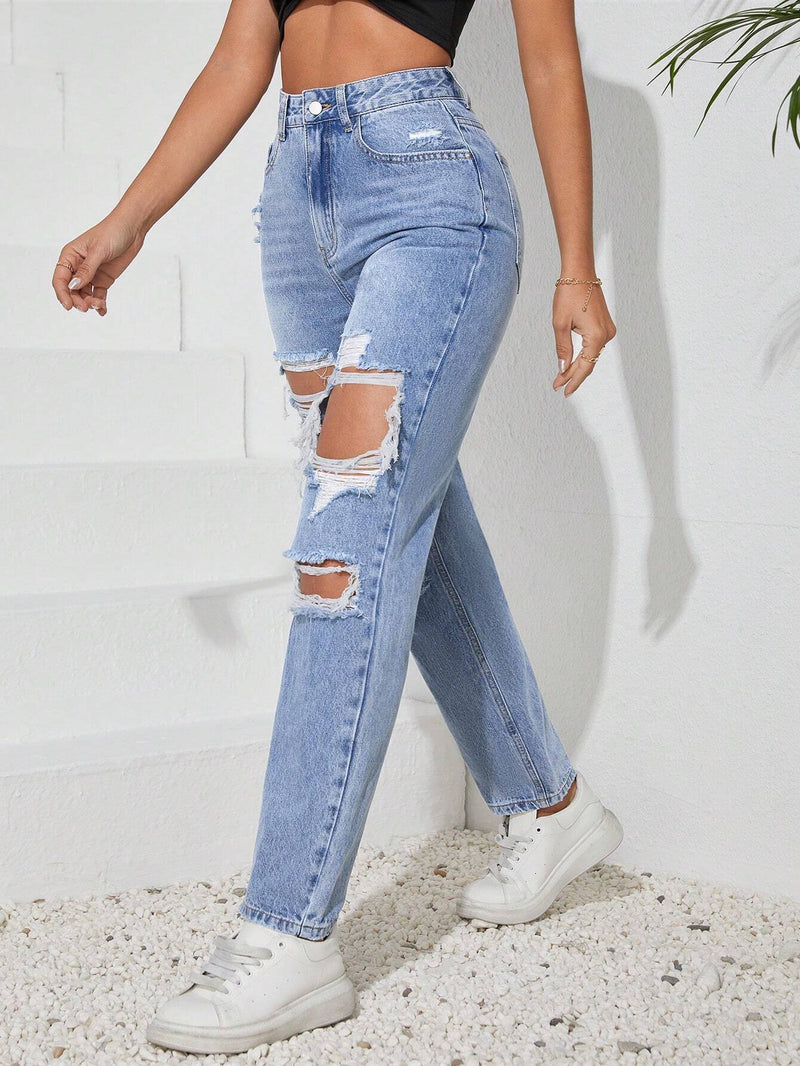 Tall Jeans con botones de unicolor para mujer con agujeros y bolsillos desgastados