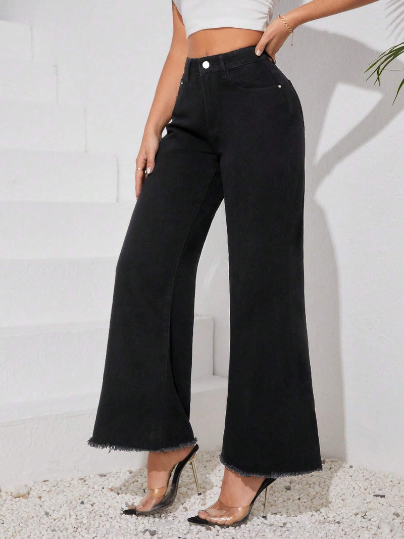 Tall Pantalones Jeans acampanados informales de mujer con bolsillos de parche y dobladillo sin rematar