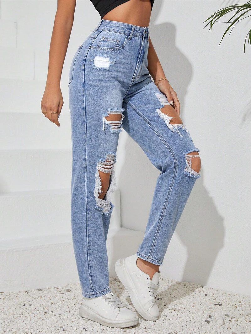 Tall Jeans con botones de unicolor para mujer con agujeros y bolsillos desgastados