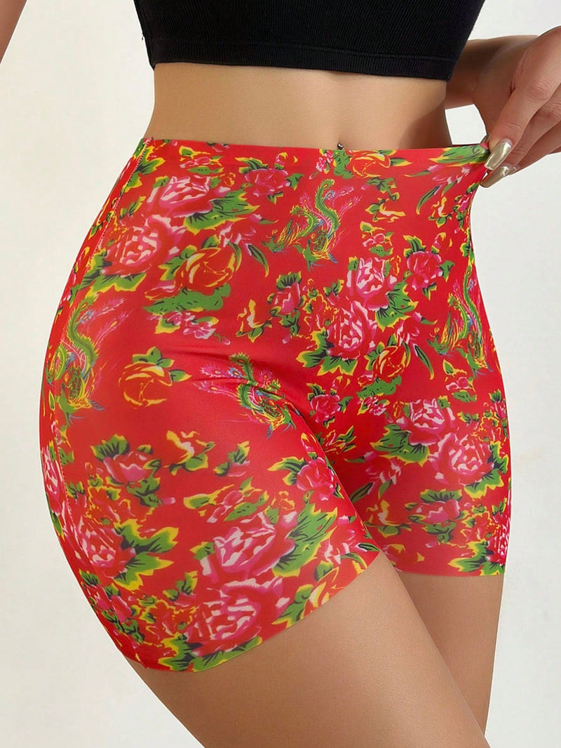 NEW 3 piezas de pantalones capri elasticos de mujer con estampado floral multicolor con ropa interior de cuatro esquinas