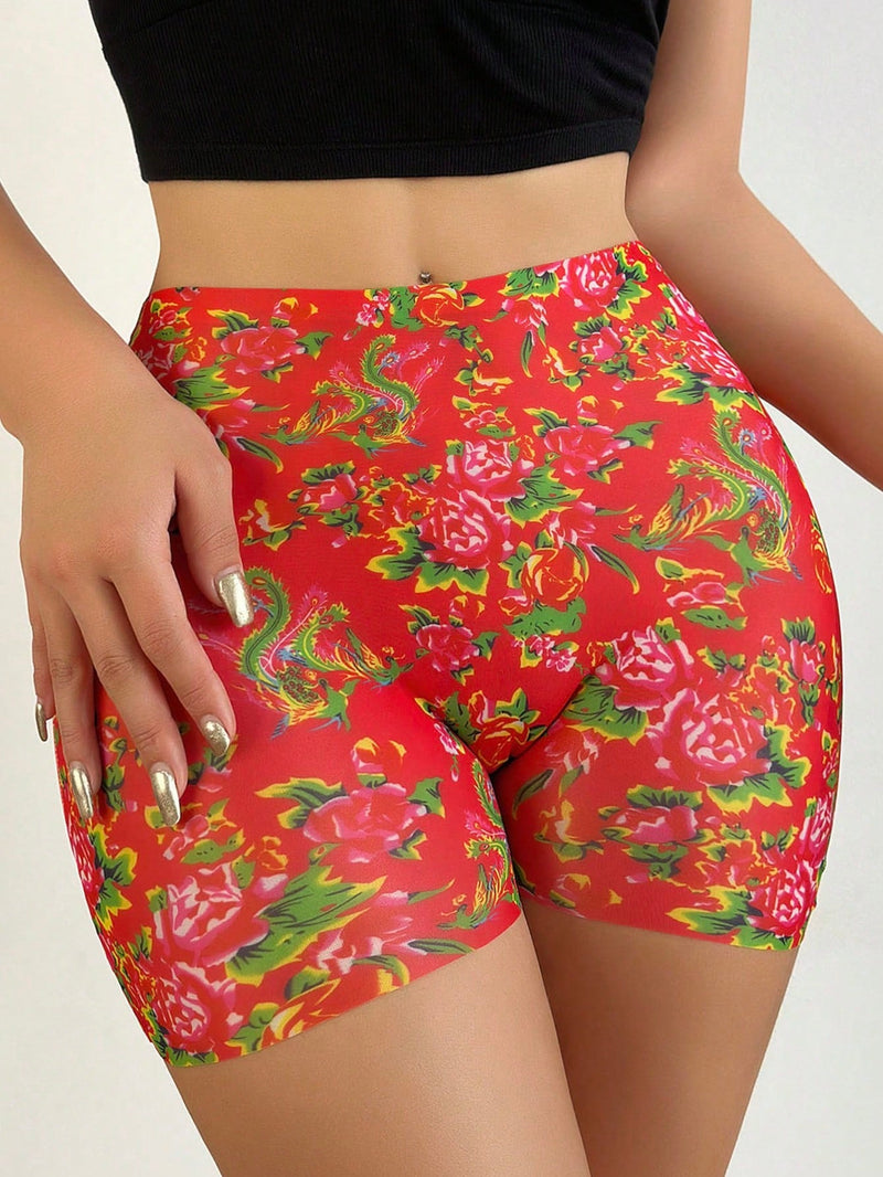 NEW 3 piezas de pantalones capri elasticos de mujer con estampado floral multicolor con ropa interior de cuatro esquinas