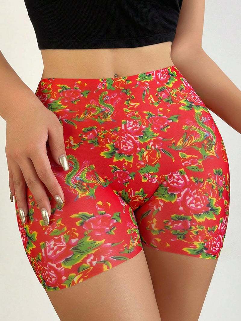 NEW 3 piezas de pantalones capri elasticos de mujer con estampado floral multicolor con ropa interior de cuatro esquinas