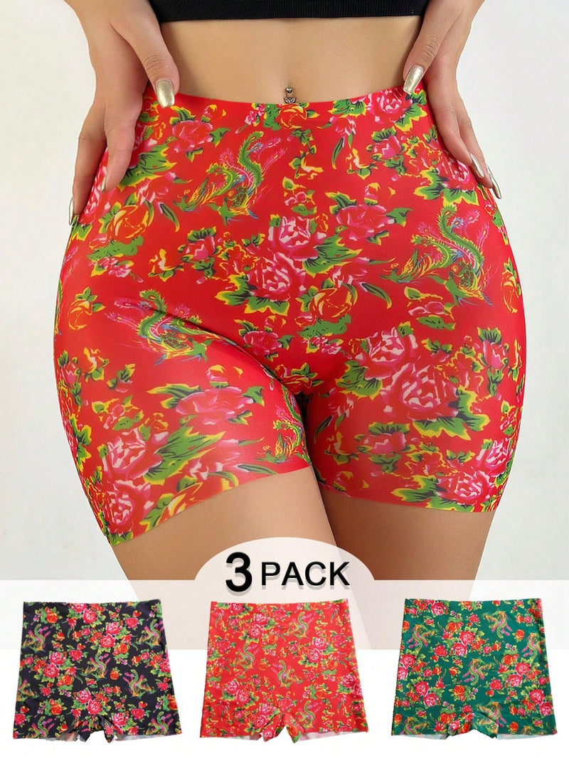 NEW 3 piezas de pantalones capri elasticos de mujer con estampado floral multicolor con ropa interior de cuatro esquinas