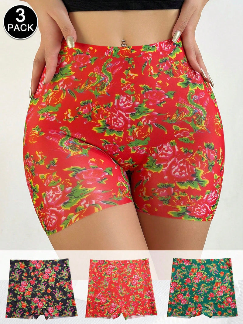 NEW 3 piezas de pantalones capri elasticos de mujer con estampado floral multicolor con ropa interior de cuatro esquinas