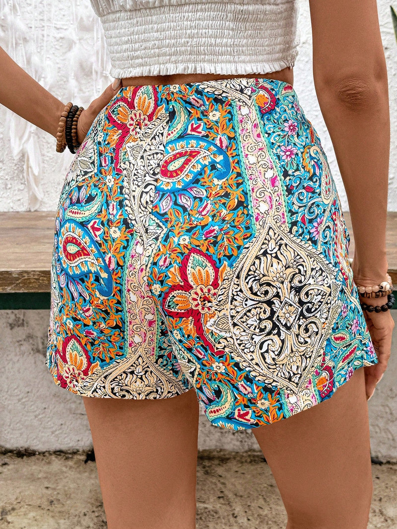 LUNE Shorts casuales de verano con nudo retorcido y estampado vintage para mujer, ideales para vacaciones