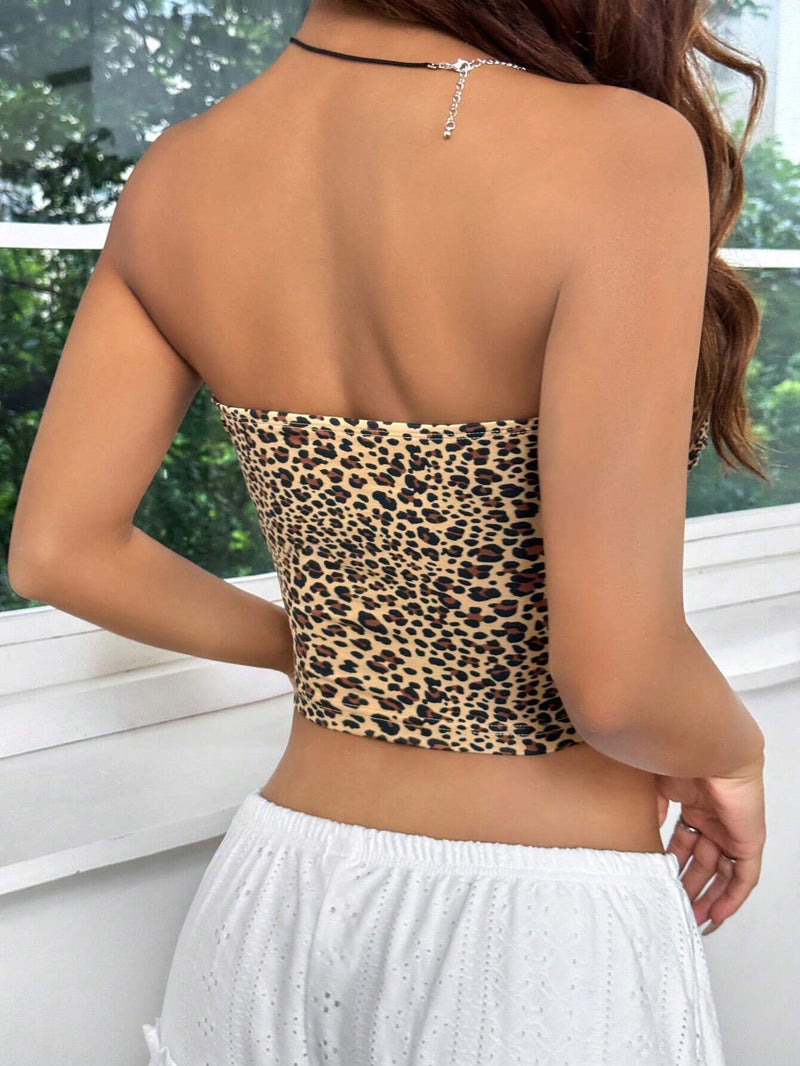 EZwear CamiConjuntoa sin tirantes de punto con estampado de leopardo para mujeres