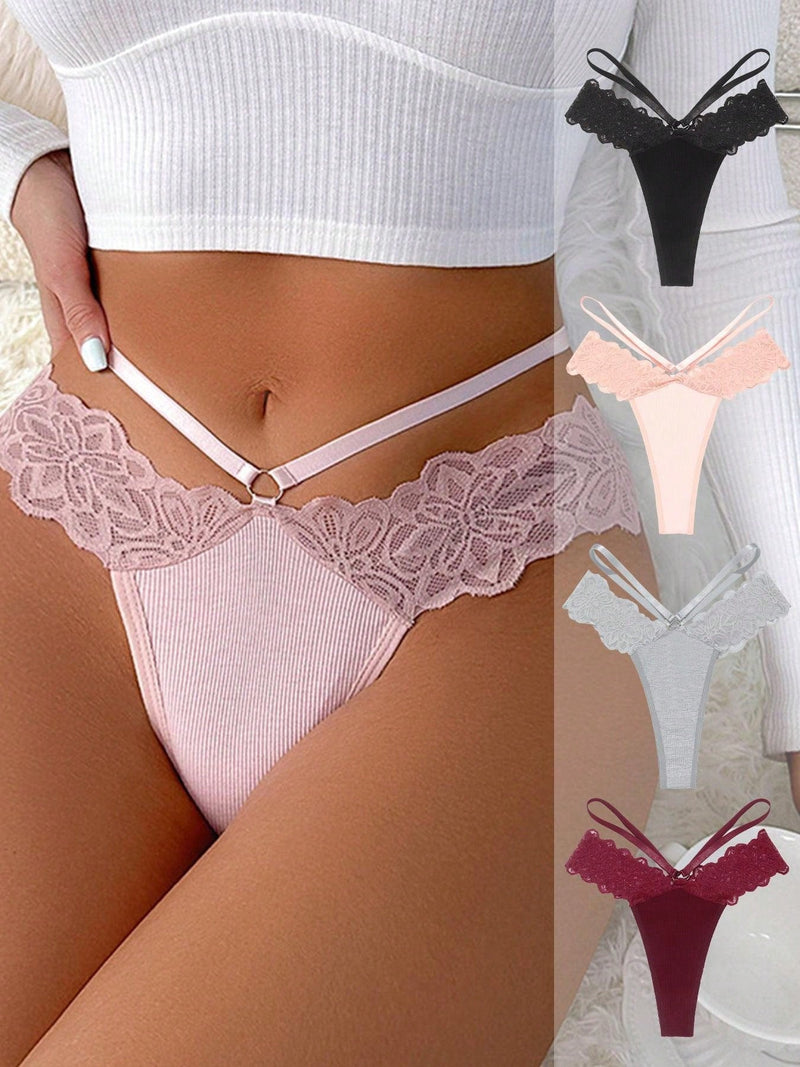 NEW Set de 4 piezas de ropa interior de tanga de encaje y cintura baja con flores