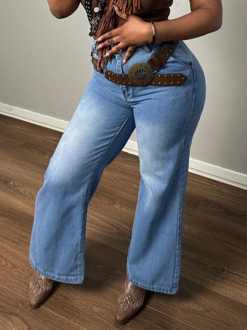 Jeans informales de pierna ancha recta y cintura alta con doble boton para mujer, estilo holgado