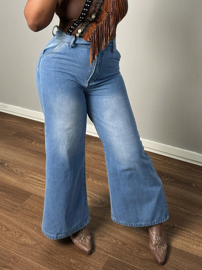 Jeans informales de pierna ancha recta y cintura alta con doble boton para mujer, estilo holgado