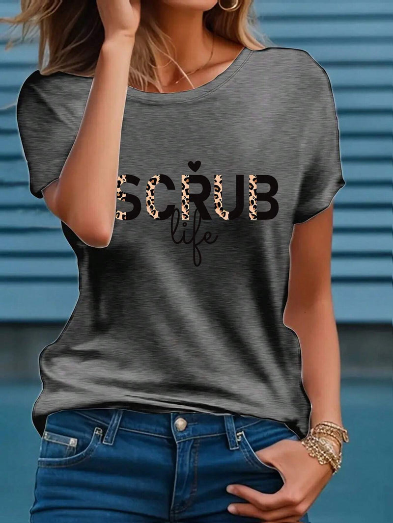 Camiseta casual de verano para mujer con cuello redondo, manga corta, estampado de letras y leopardo