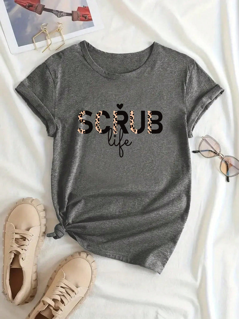 Camiseta casual de verano para mujer con cuello redondo, manga corta, estampado de letras y leopardo