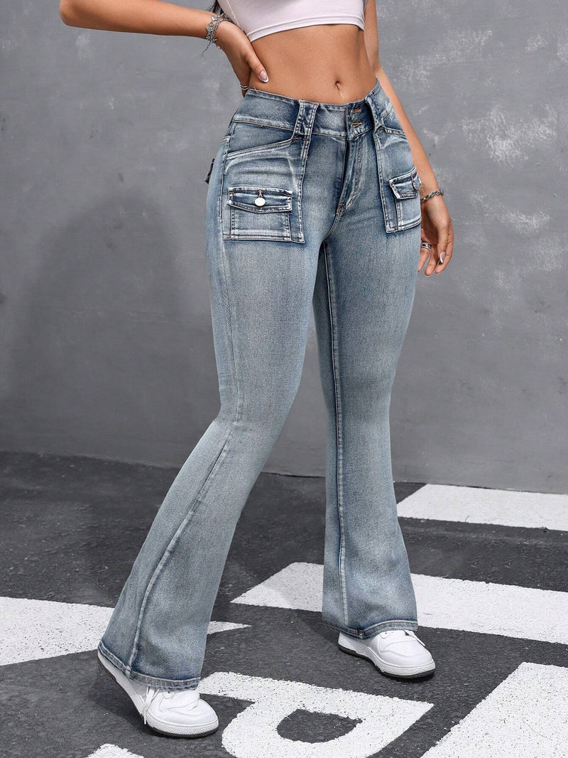 EZwear Jeans acampanados y elegantes para mujer con diseno de bolsillo