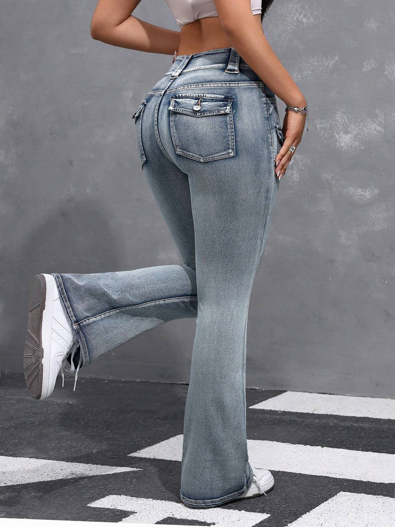 EZwear Jeans acampanados y elegantes para mujer con diseno de bolsillo