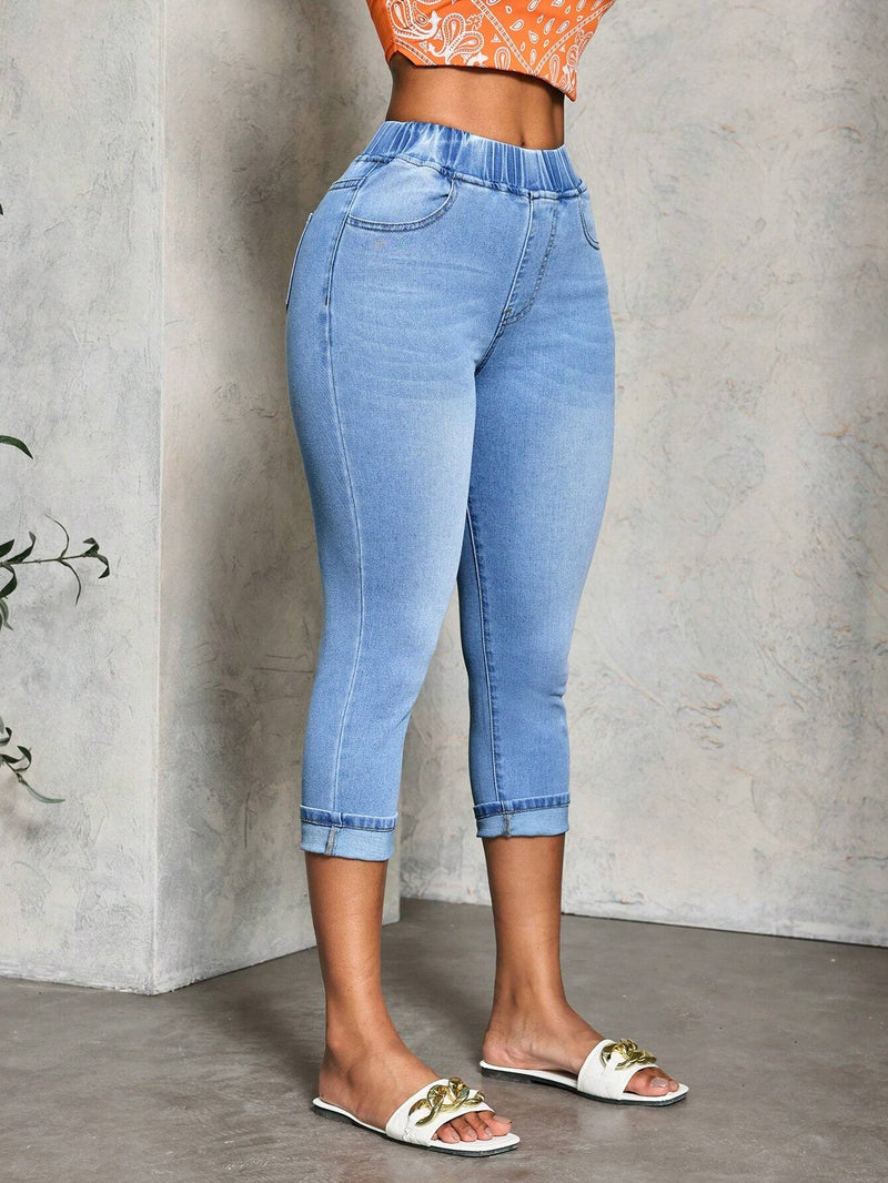 Slayr Jeans de mujer con cintura elastica y ajuste delgado hasta la mitad de la pantorrilla con dobladillo con punos y bolsillos laterales