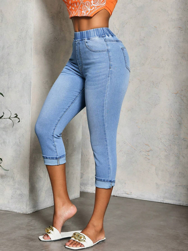 Slayr Jeans de mujer con cintura elastica y ajuste delgado hasta la mitad de la pantorrilla con dobladillo con punos y bolsillos laterales