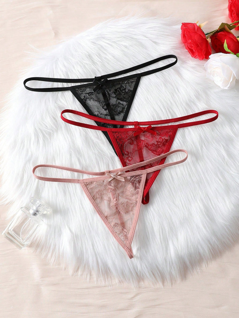 Set de 3 piezas de pantis de encaje transparente con diseno de lazo sexy para mujer