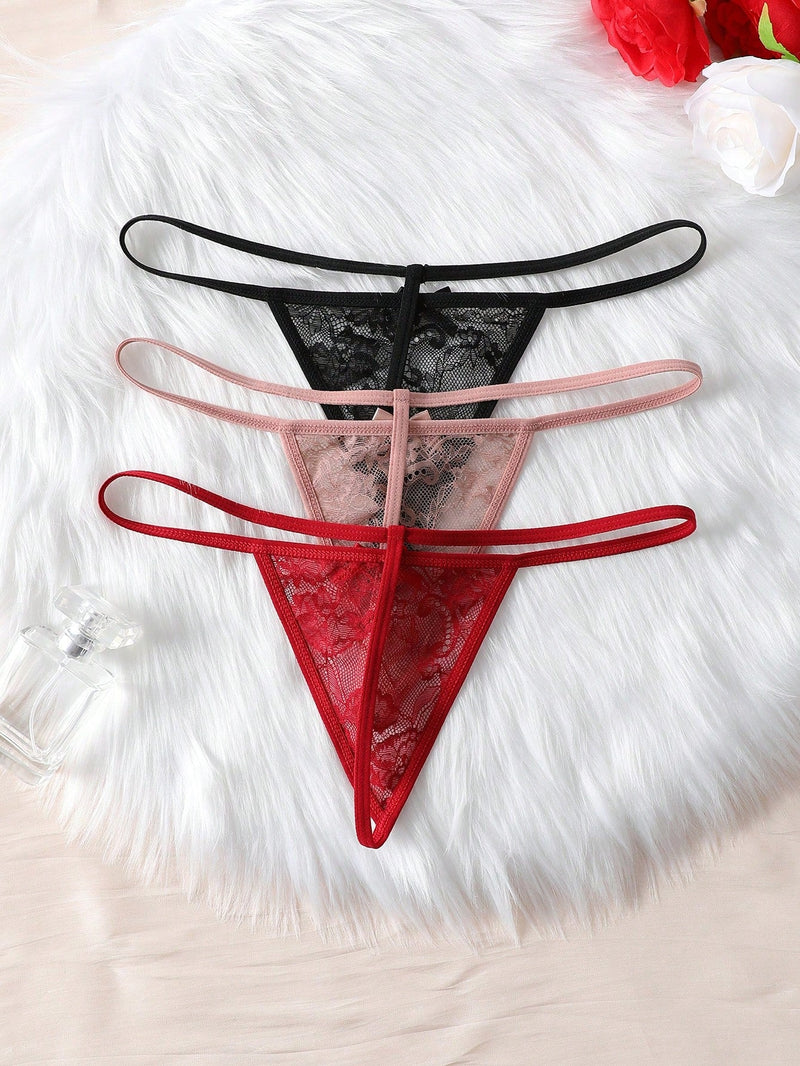 Set de 3 piezas de pantis de encaje transparente con diseno de lazo sexy para mujer