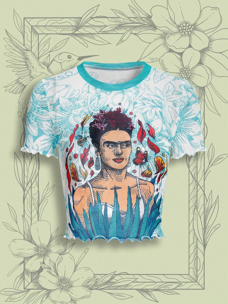 Frida Kahlo X  Top corto de malla transparente con ribete de lechuga y estampado de plantas para mujer, verano