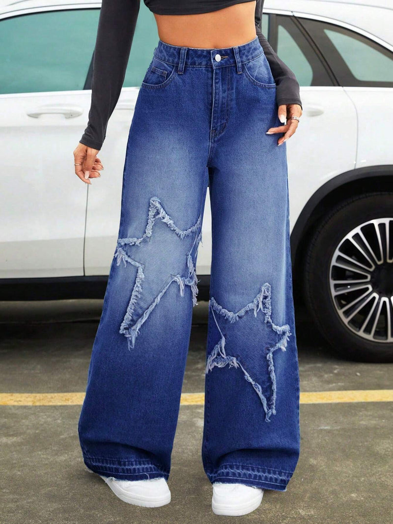 Tall Jeans de mezclilla para mujer con corte holgado y pierna ancha con estampado de estrellas y detalles de borde deshilachado