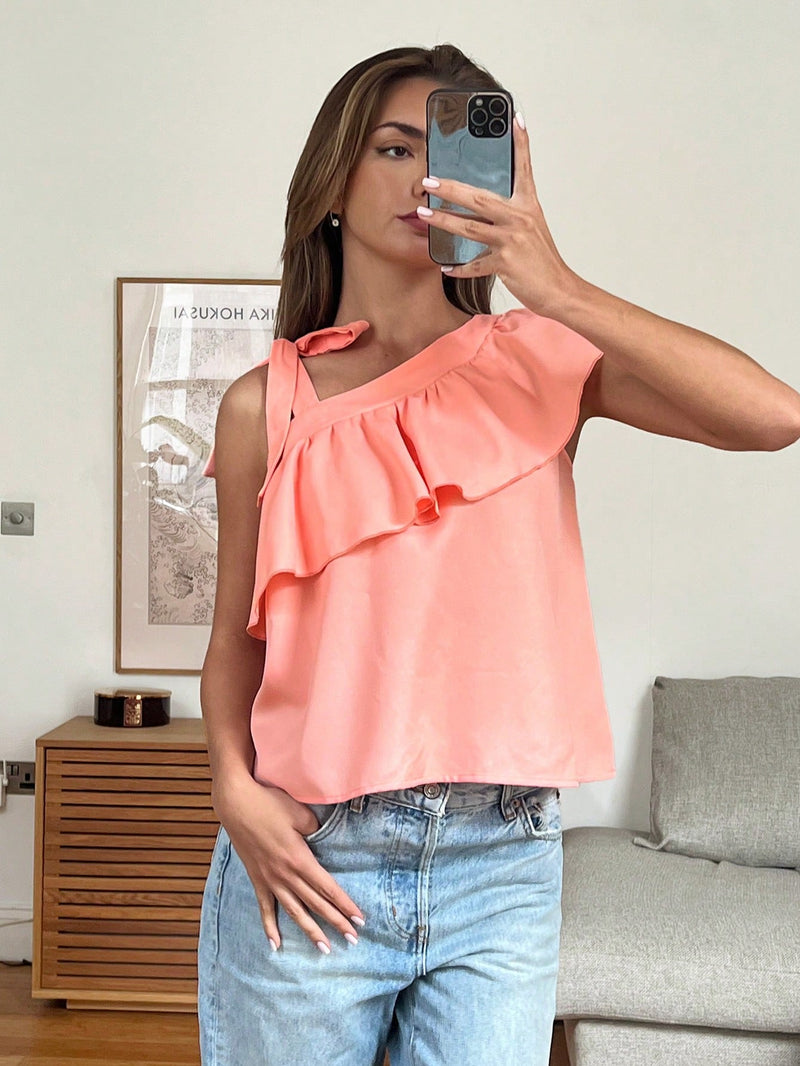 Essnce Camiseta de tirantes con lazo suelto y volantes de color rosado claro tejida para mujer, estilo babydoll casual para el verano con un solo hombro