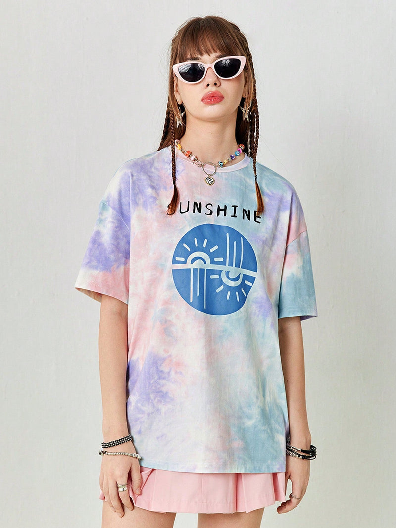 Neu Camiseta casual de manga corta, cuello redondo y hombros descubiertos para mujer, con estampado de tie-dye y diseno suelto de estilo callejero