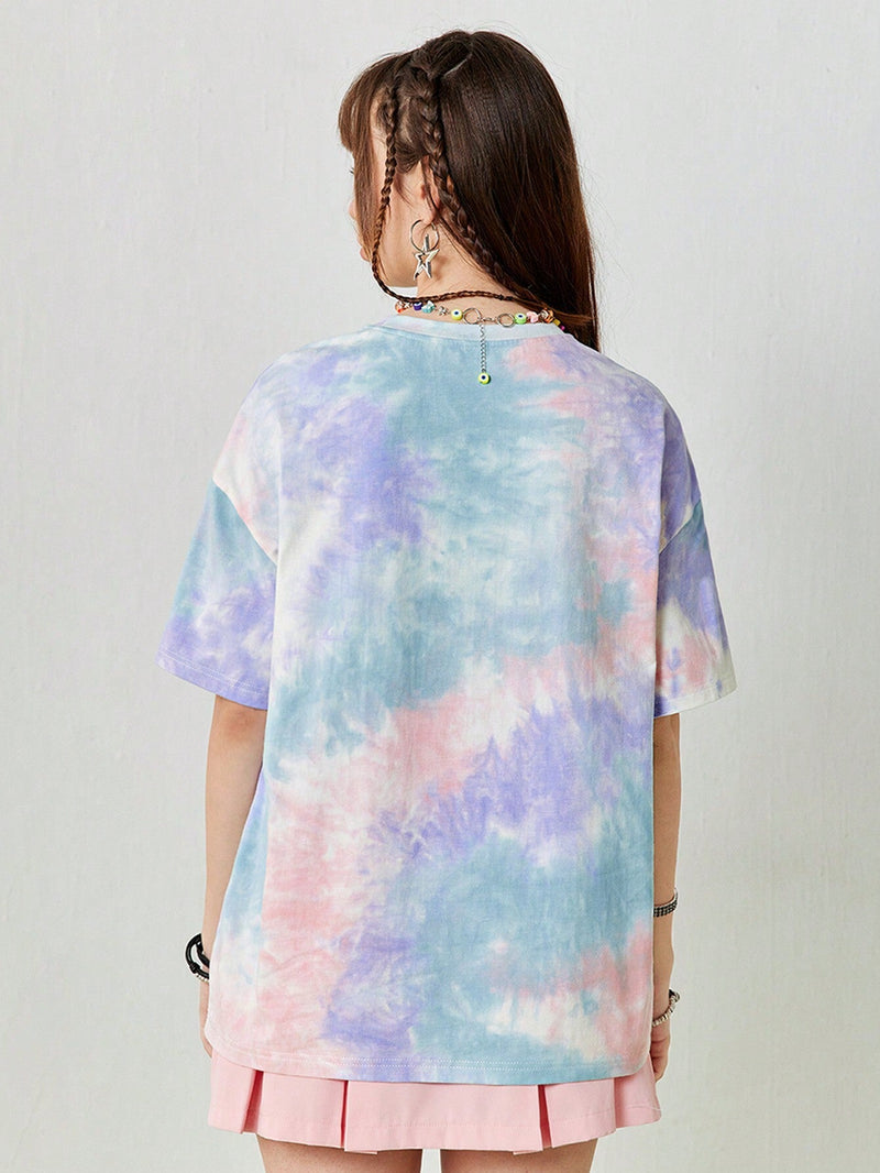 Neu Camiseta casual de manga corta, cuello redondo y hombros descubiertos para mujer, con estampado de tie-dye y diseno suelto de estilo callejero