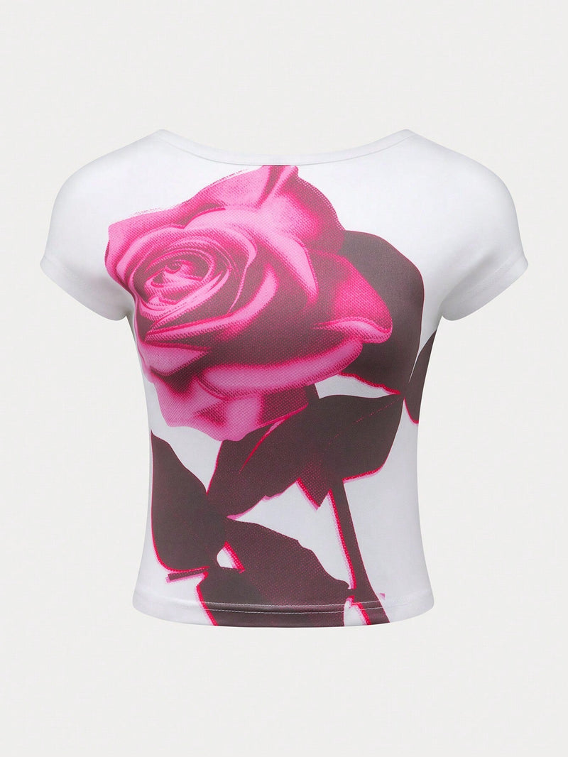 Camiseta casual de verano para mujer con estampado floral, cuello redondo y manga corta