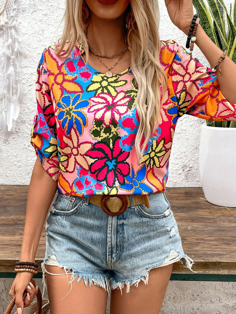 LUNE Blusa de verano para vacaciones con estampado floral y cuello redondo