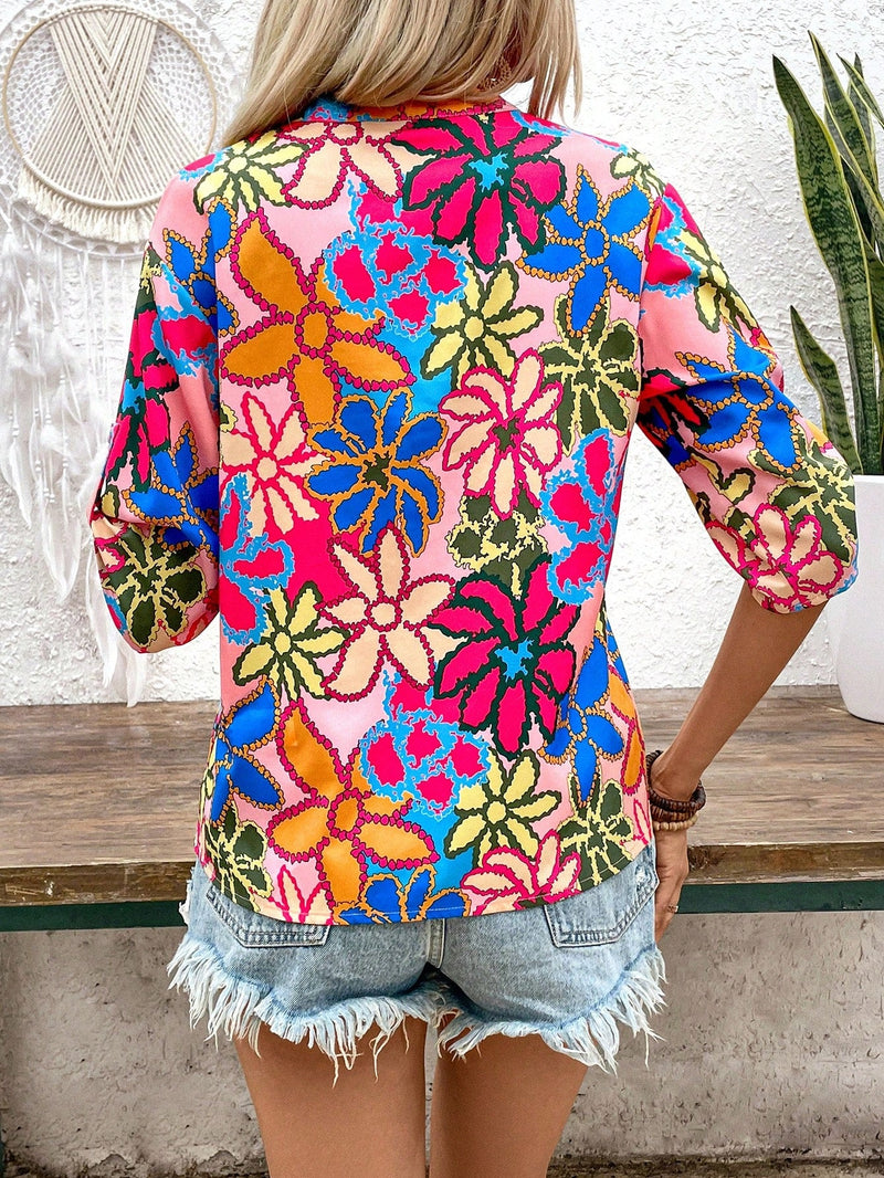 LUNE Blusa de verano para vacaciones con estampado floral y cuello redondo