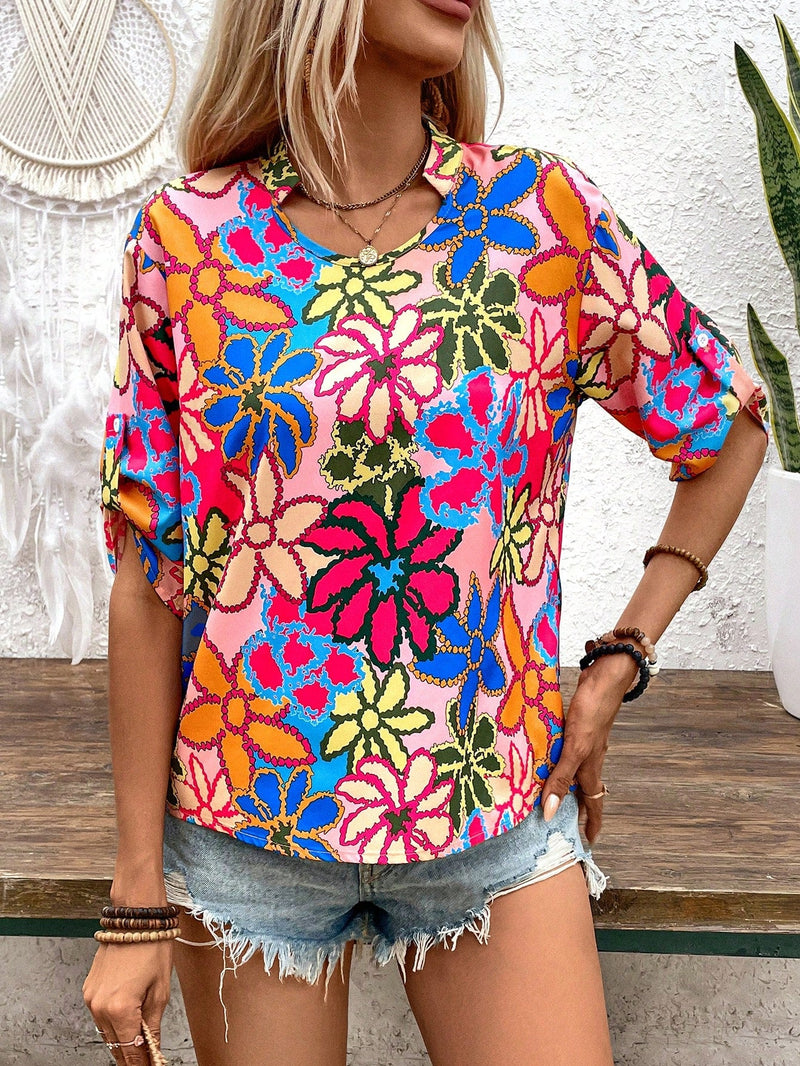 LUNE Blusa de verano para vacaciones con estampado floral y cuello redondo