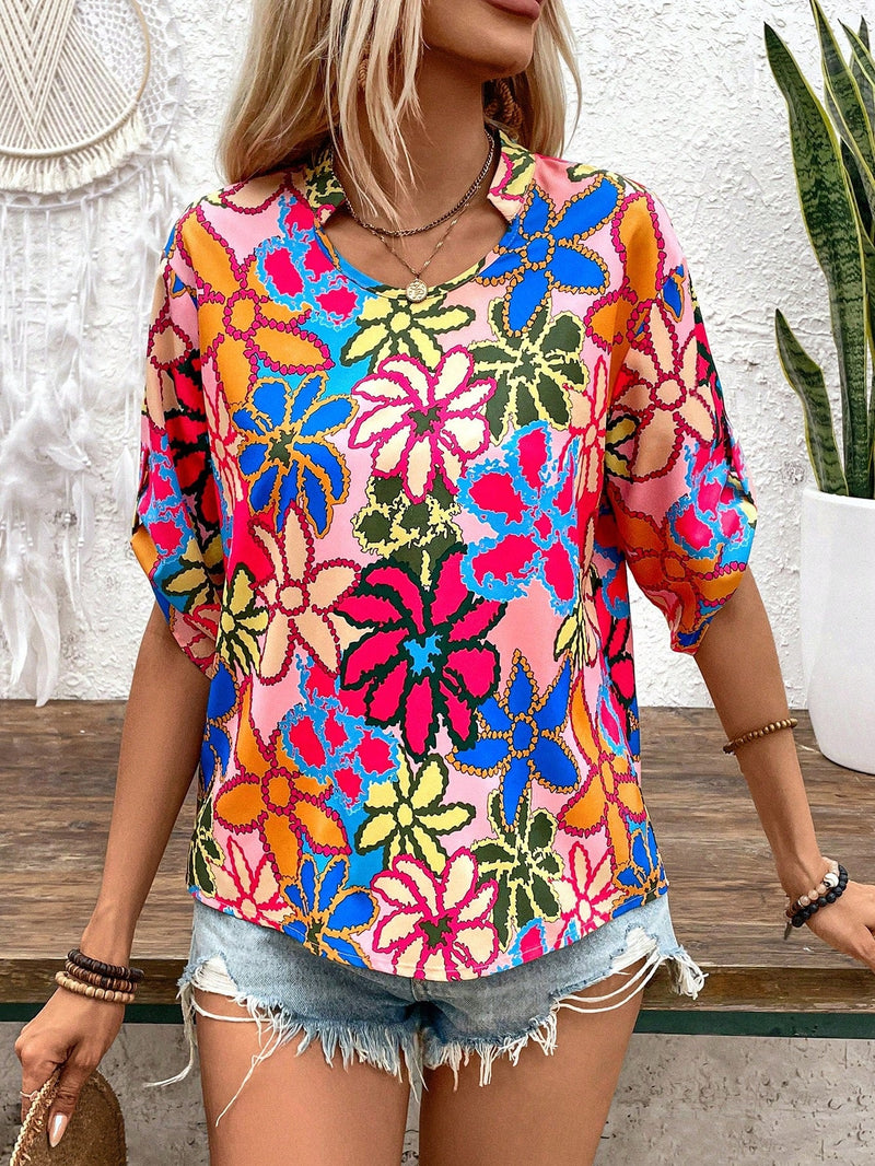 LUNE Blusa de verano para vacaciones con estampado floral y cuello redondo