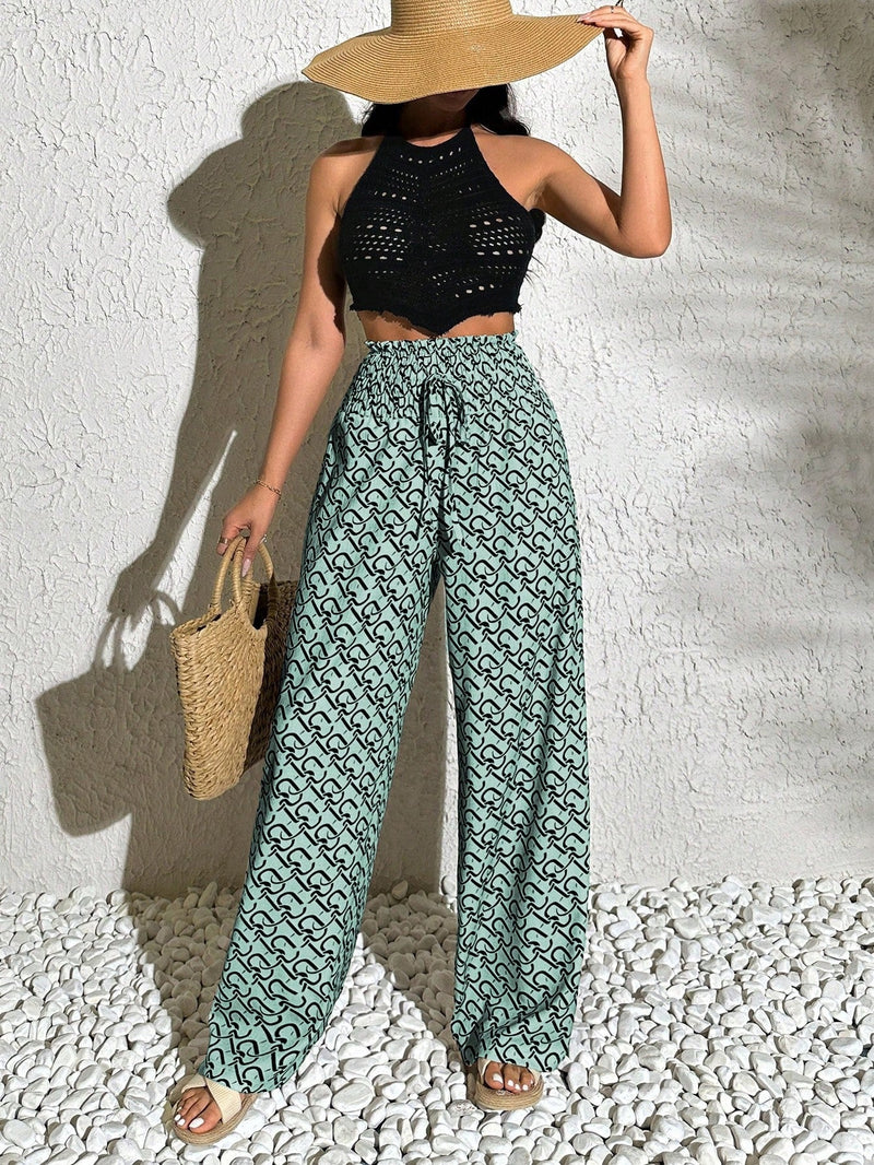 Pantalones anchos boho casuales elegantes con tejido de punto estampado, textura ahumada en la cintura con cordon decorado