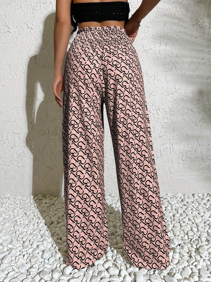 Pantalones anchos casuales y elegantes de estilo bohemio con tejido decorado de punto con diseno impreso en todo el pantalon, cintura fruncida y detalle de cordon