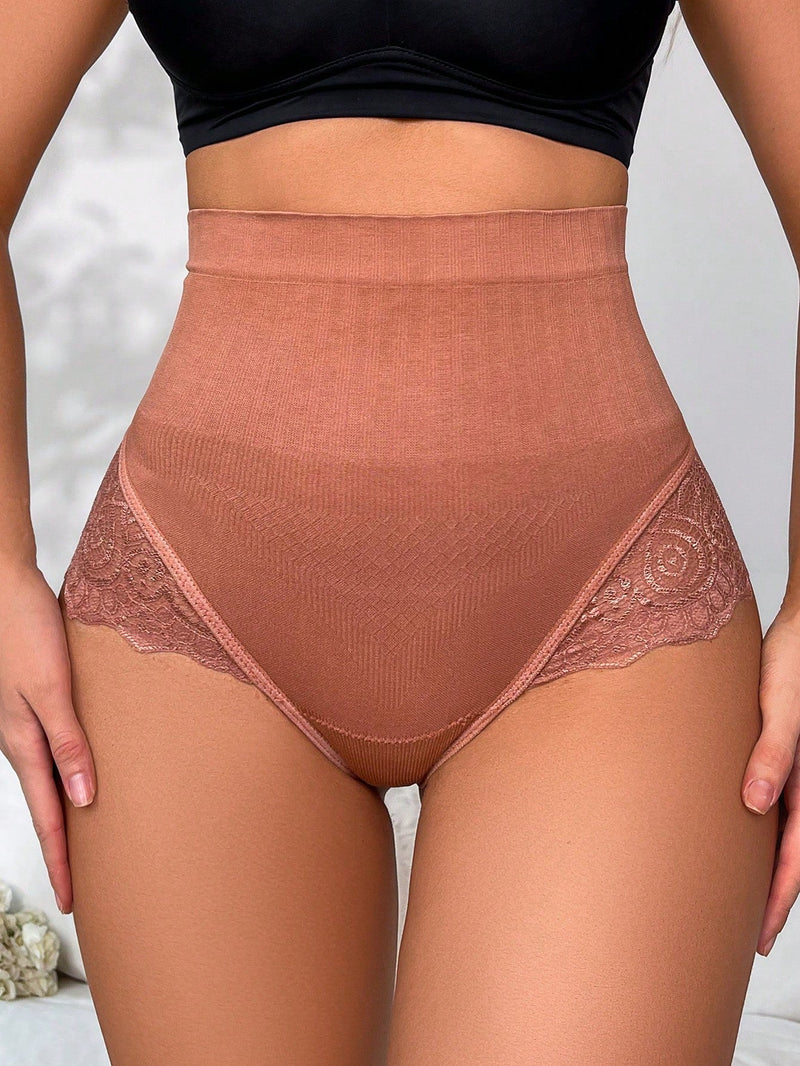 Panties de encaje con parches de cintura alta para mujer, 1 pieza