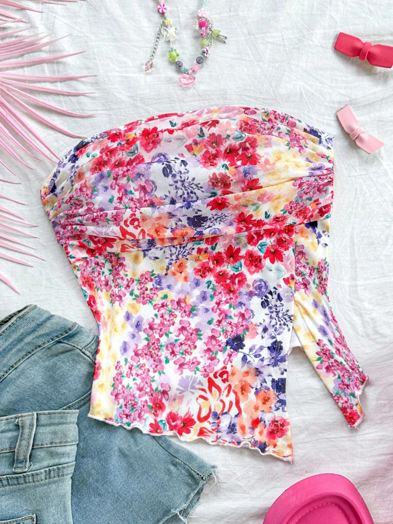 WYWH Top asimetrico de tela de malla con impresion floral colorida y con abertura frontal, ideal para graduaciones, bodas y te de la tarde, en estilo de vacaciones lindo en color rosa, para mujer