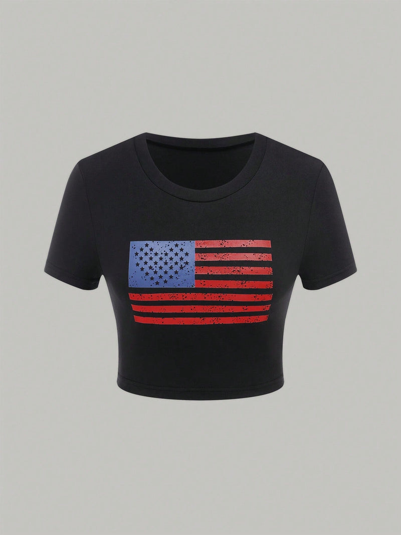 Camiseta de verano para mujer de mangas cortas y cuello redondo con estampado de bandera americana y corte ajustado recortado