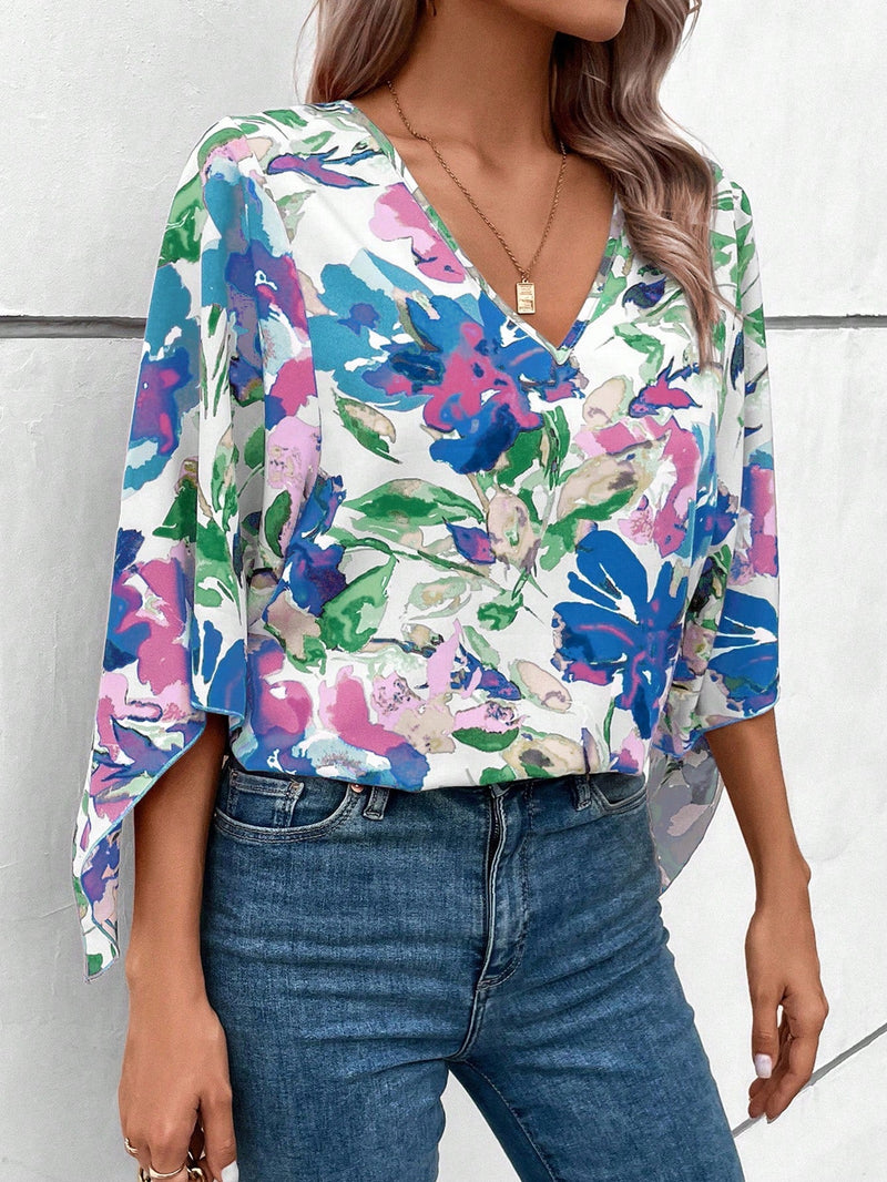 Clasi Blusa holgada de verano para mujer con estampado floral, manga acampanada y cuello en V