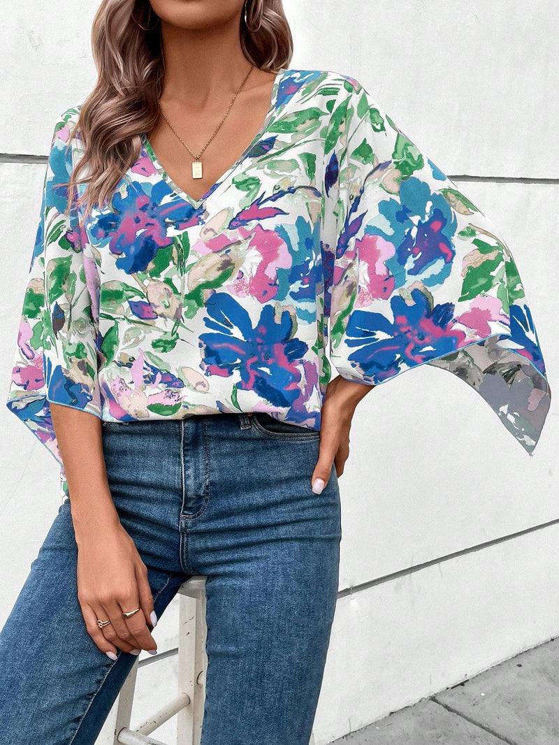 Clasi Blusa holgada de verano para mujer con estampado floral, manga acampanada y cuello en V