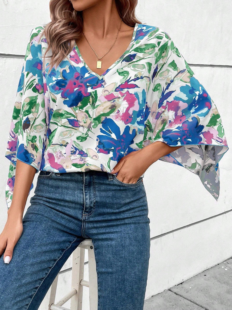 Clasi Blusa holgada de verano para mujer con estampado floral, manga acampanada y cuello en V