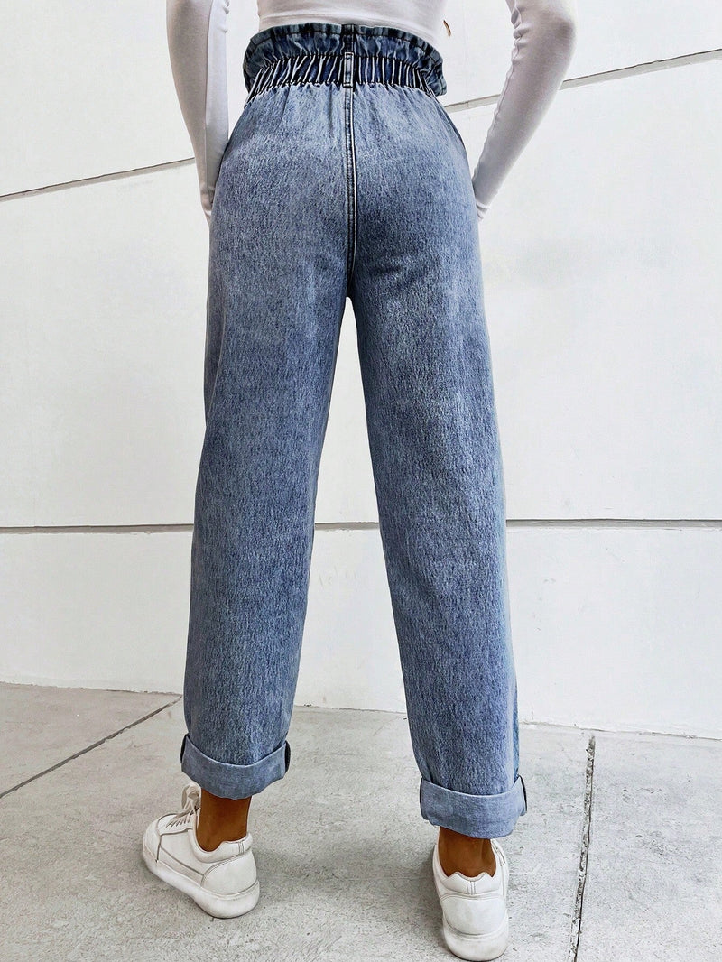 Frenchy Jeans de pierna recta de cintura alta para mujer con bolsillo y ribete de flecos