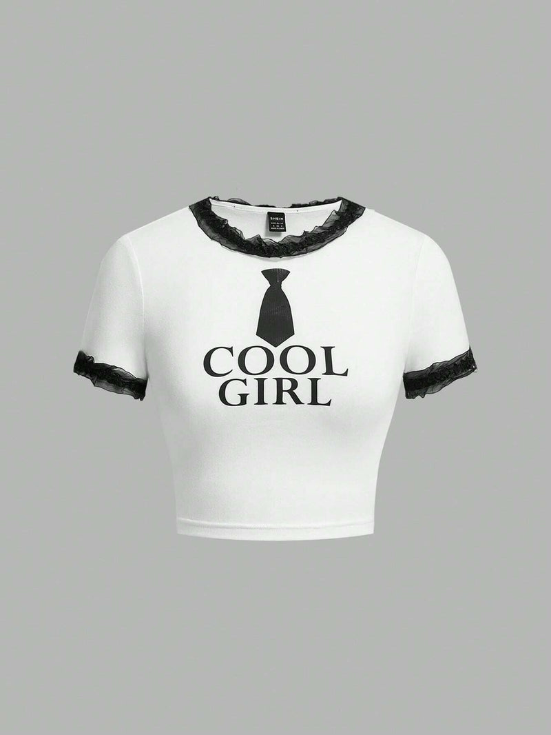 Neu Camiseta para mujer con lema "COOL GIRL" y encaje