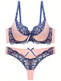Conjunto de lenceria para mujer con tanga sexy y sujetador de encaje frances con bloques de color
