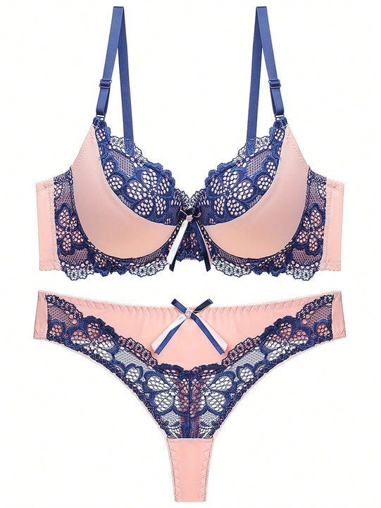 Conjunto de lenceria para mujer con tanga sexy y sujetador de encaje frances con bloques de color