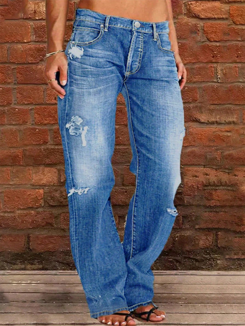 Jeans casuales de pierna recta para mujer con detalles desgastados y bolsillos, perfectos para uso diario y viajes