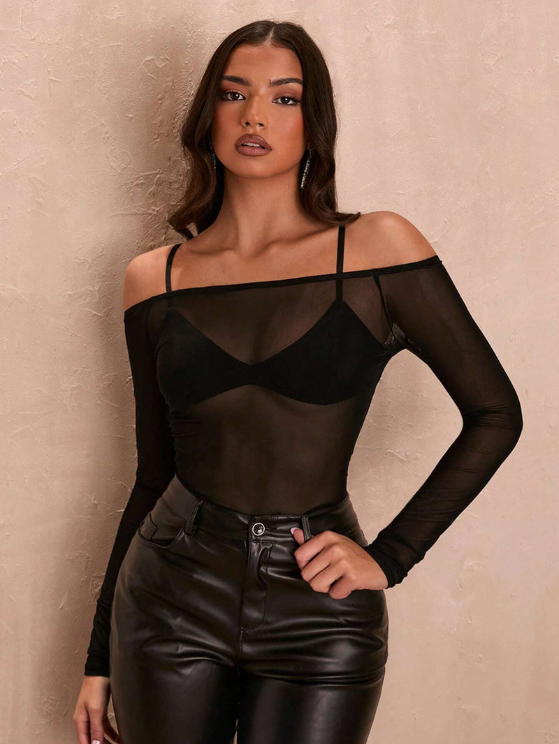 BAE Top atractivo de malla negra para mujeres para vacaciones de verano, de manga larga transparente y diseno de un solo hombro estilo Brasier