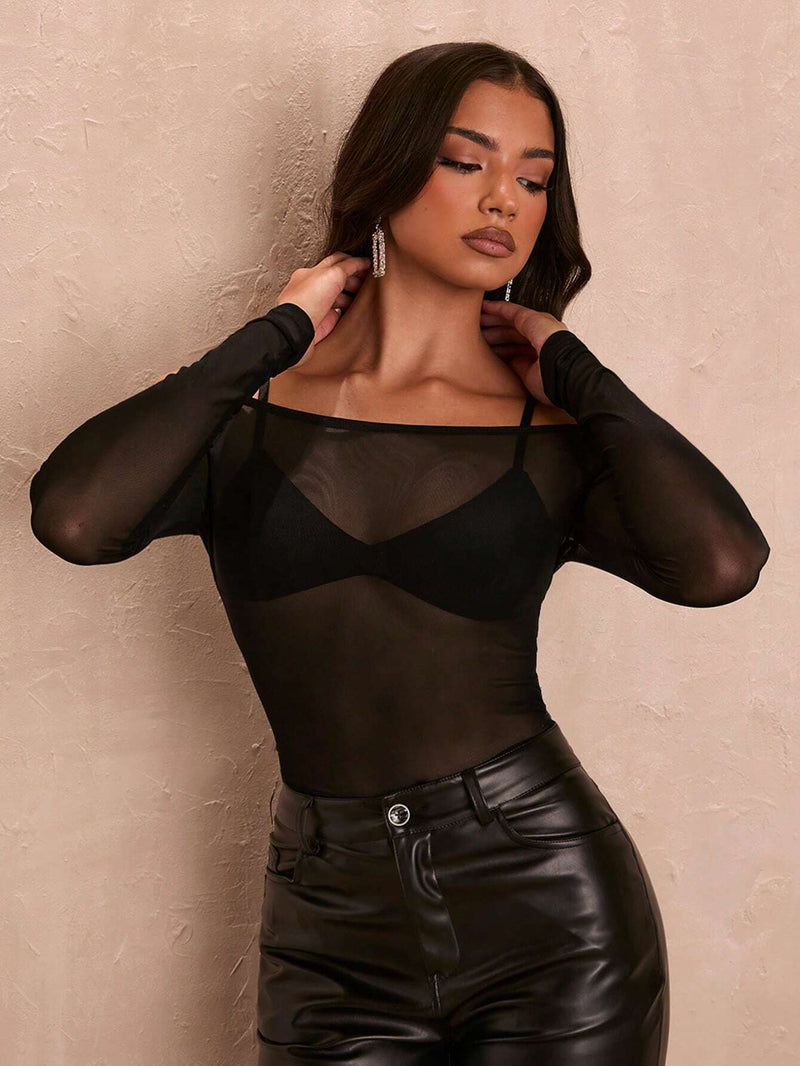 BAE Top atractivo de malla negra para mujeres para vacaciones de verano, de manga larga transparente y diseno de un solo hombro estilo Brasier